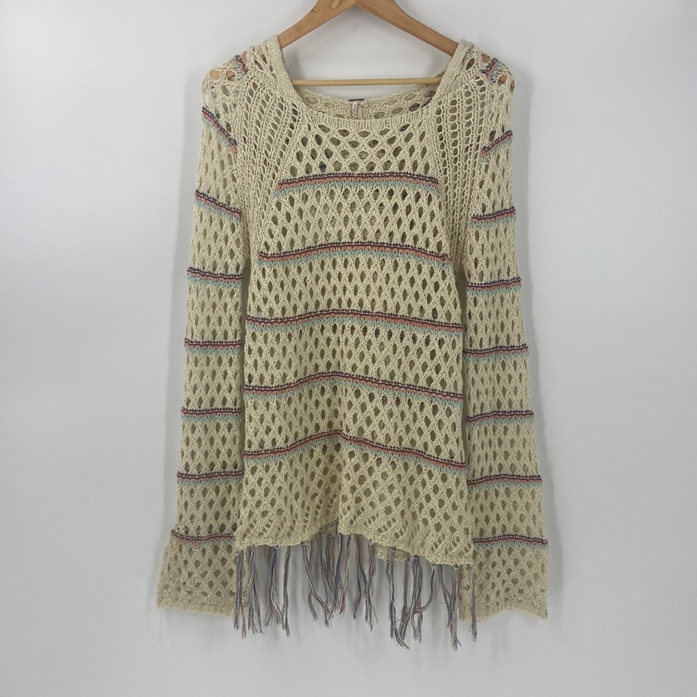 Boho fisherman’s open weave lace long cream tunic with hood and fringe